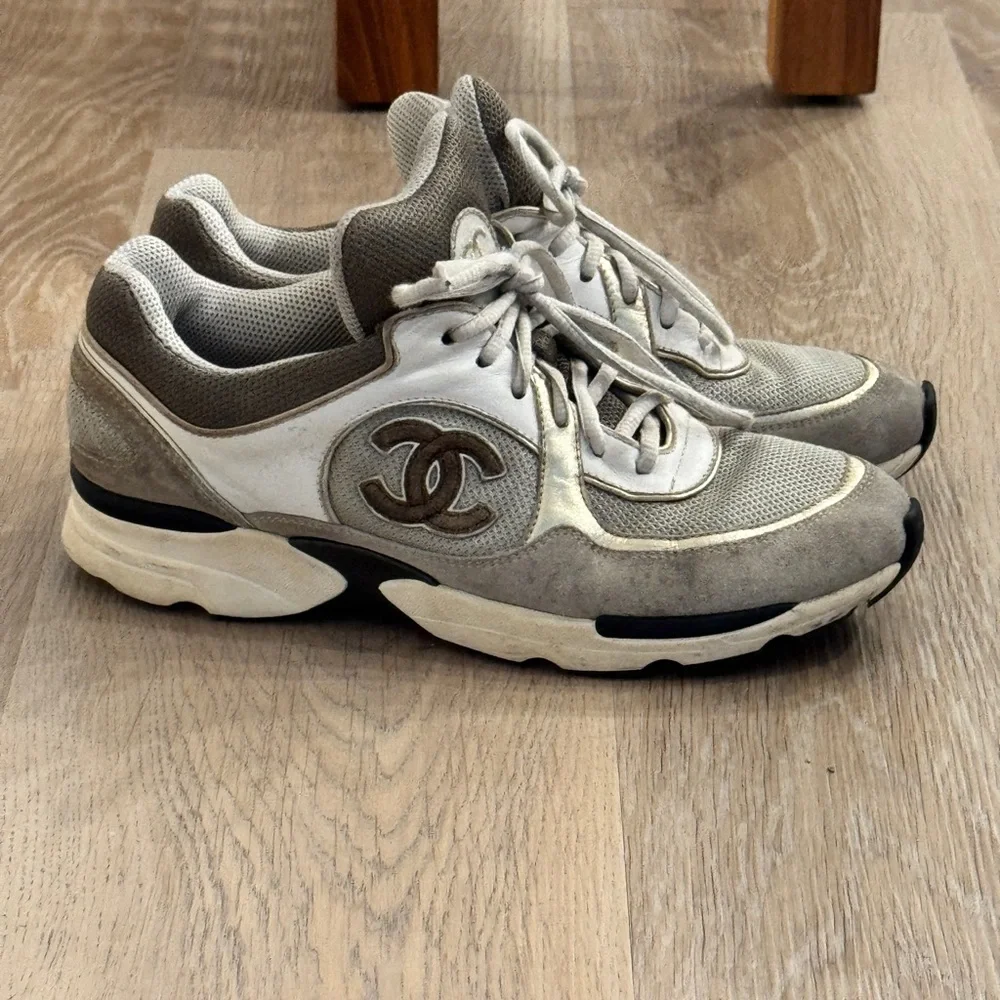 CHANEL Gray and White CC Logo Chunky Athletic Sneakers